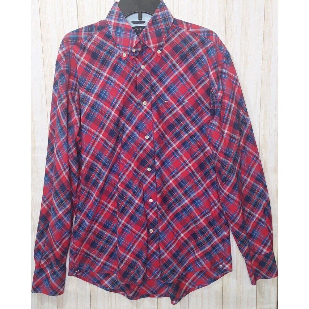 Tommy Hilfiger Men's Plaid Button Up Size Medium Blue Red Plaid Long Sleeve